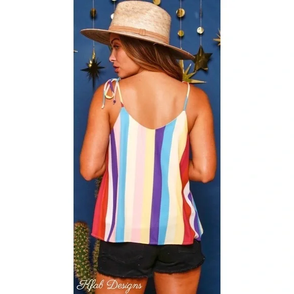 LAST 2! V Neck Fully Lined Rainbow Stripe Woven Tie Spaghetti Strap Top - Picture 10 of 10